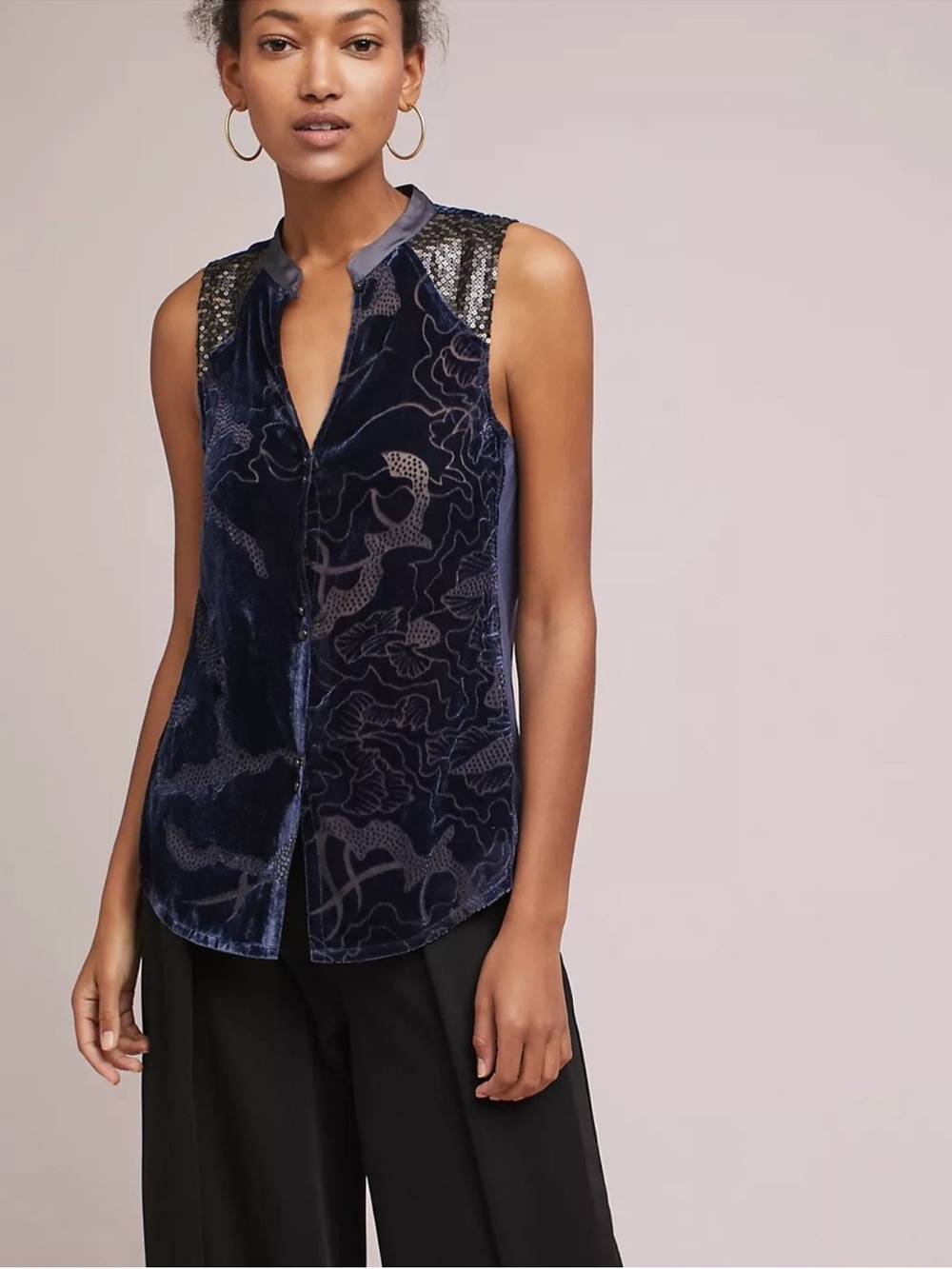 Anthropologie| TINY| Navy Crushed Velvet Sequin Sleeveless Shoulder Top Sz L